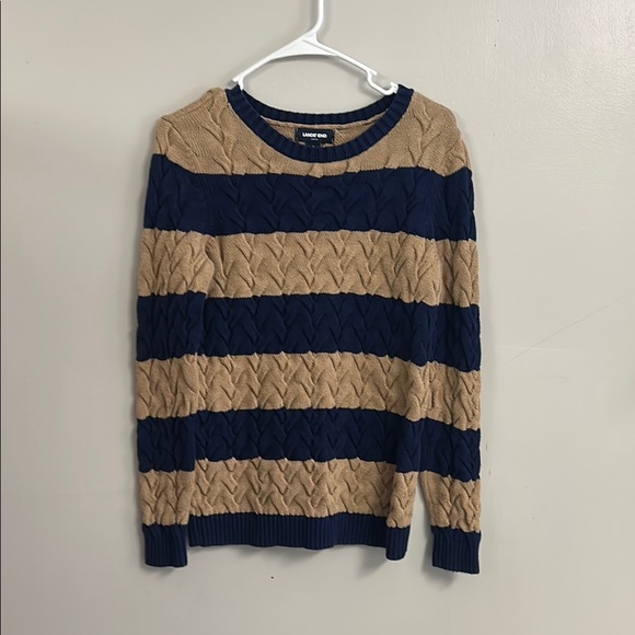 Land’s End Drifter Striped Cable Knit Sweater in Tan and Navy - Picture 1 of 4
